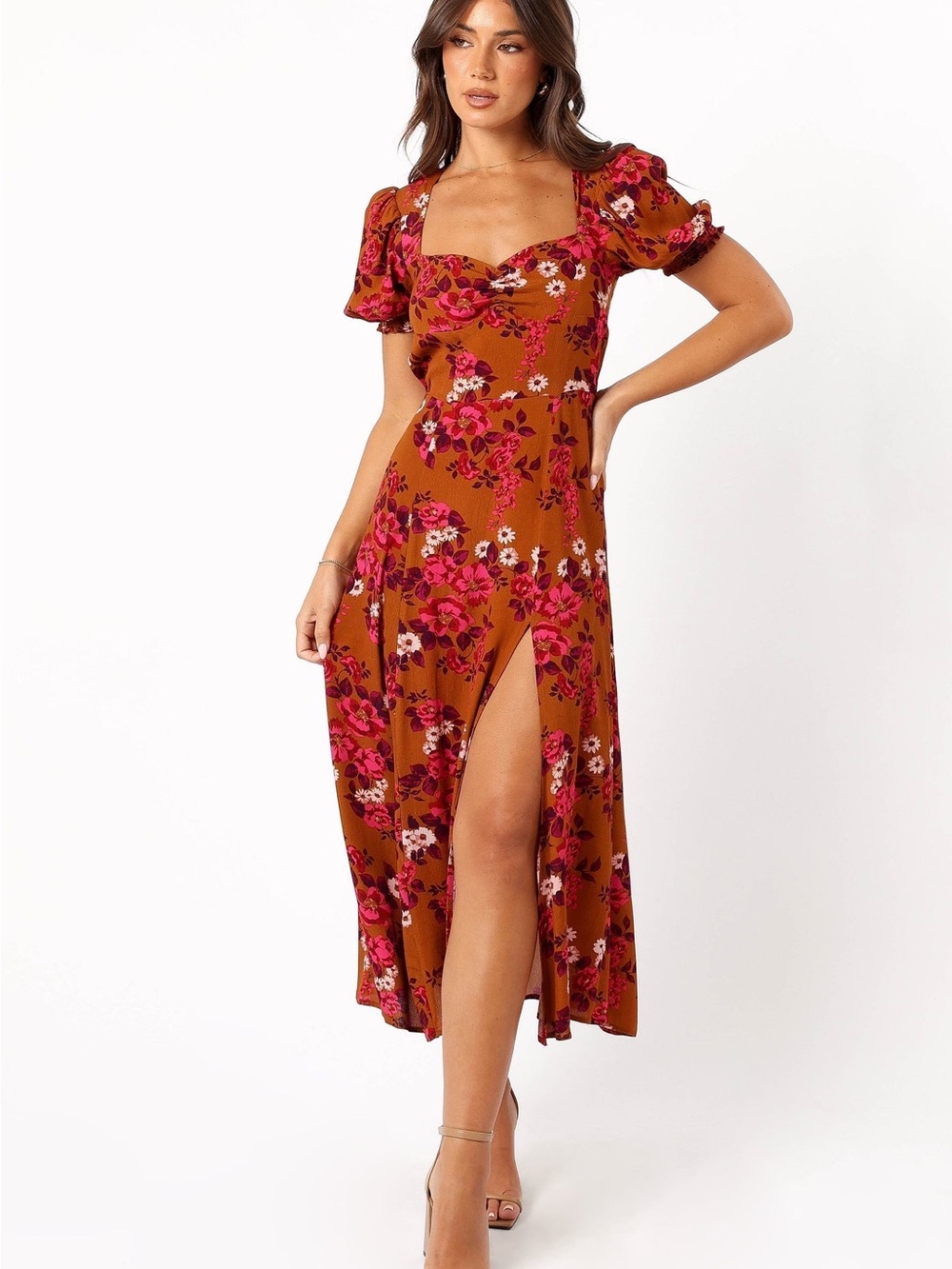 Petal & Pup Rust Floral Puff-Sleeve Maxi Dress